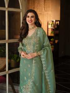 <b>Women</b> Ethnic Motifs Embroidered Silk Loose Fit Casual Wedding Regular Thread Work <b>Kurta</b> with Trousers & Dupatta - Product Image 3