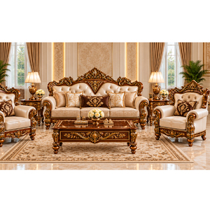 Ensemble de canapés de salon de style Maharaja majestueux, ensemble de canapés traditionnels rembourrés en bois massif avec design sculpté et dossier capitonné, USA - Product Image 1