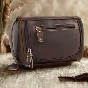 Genuine Leather Zipper Handled for Bag <b>Mens</b> Dopp Kit Travel Wash Bag Shaving Kit <b>Pouch</b> Standard Capacity Custom Logo Bulk - Product Image 3