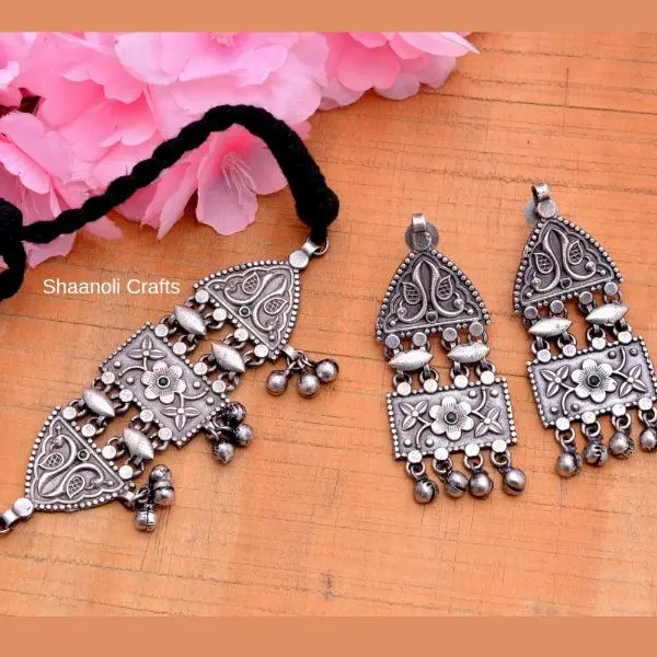 Silver Oxidised Black Plated Flower Engraved Choker Set With Earrings Antique Necklace Set Boho Hippie Necklace Set