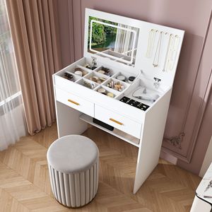 Flip Top LED Lighted Vanity <b>Desk</b> with Built-in Outlet 2 <b>Drawers</b> Open Storage Hooks-Wood Makeup Vanity Table for Dressing - Product Image 2