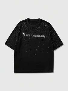 เสื้อยืดโอเวอร์ไซส์สีดำลายกราฟิกลอสแอนเจลิสประดับคริสตัลพรีเมียม ผ้าคอตตอนหนา สไตล์สตรีทแวร์ รับผลิตเสื้อผู้ชาย OEM - Product Image 2