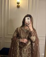 Ensemble de robe Anarkali brodée marron, robe pakistanaise, ensemble Lehenga à manches longues avec dupatta pour fête et mariage