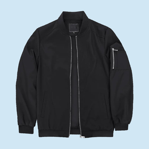 Chaqueta Bomber Negra para Hombre, Color Sólido, Cierre de Cremallera, Cuello Alto, Estilo Casual, Material de Poliéster, Ropa de Otoño - Product Image 1