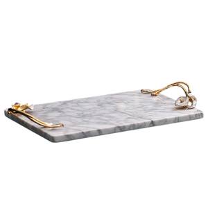 Plateau de service rectangulaire en marbre blanc naturel de qualité supérieure avec poignées en métal doré, plateau décoratif de luxe pour table basse - Product Image 1