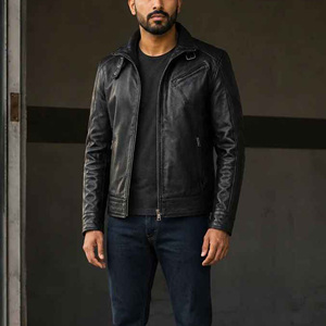 Men's Black Genuine <b>Leather</b> Motorcycle <b>Jacket</b> Zipper Waterproof Breathable Eco-Friendly Winter <b>Moto</b> Biker Windproof Turn Collar - Product Image 3