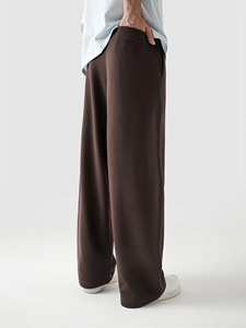 Pantalon de jogging décontracté pour homme en molleton, coupe large, taille mi-haute, ample, longueur intégrale, marron uni, avec poches, taille élastique, pour l'automne - Product Image 2