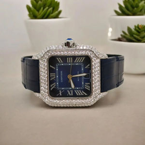 Montre Classique de Luxe pour Homme avec Diamants Moissanite Taillés, Demi-Sertie, Bracelet en Cuir Bleu, Cadran Romain, Largeur de Bracelet 22mm, Analogique - Product Image 1