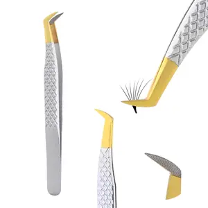 wholesale verified supplier Fiber Tip Lash Tweezers for Eyelash Extensions Gold with Silver Color