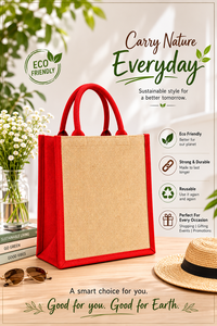Red Custom Logo Jute Shopping <b>Bag</b> with Canvas Trim Small Size <b>Zipper</b> Closure Handled Supermarket <b>Tote</b> - Product Image 6
