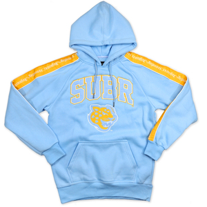 Vente en gros de sweats à capuche personnalisés 100% coton, style grec, avec patch brodé, pour femmes, de haute qualité, couleur ciel et or - Product Image 1