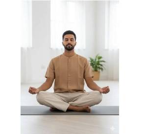 Ensemble de méditation en lin marron écologique pour homme, t-shirt uni à col rond et manches courtes de qualité supérieure et pantalon de yoga ample - Product Image 2