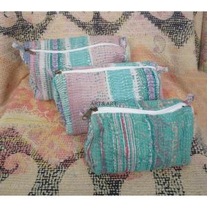 Elegant Casual patchwork design pouch set with Tassel Pattern Kantha Pouch Set Artisan Eco-Friendly Cotton Cosmetic Zipper Soft - Product Image 4