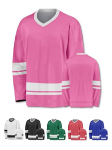 Pink V-Neck Ice Hockey Jersey Full Sleeve Striped Breathable Polyester Adult Unisex Regular Fit Pullover <b>Sport</b> <b>Apparel</b> - Product Image 1