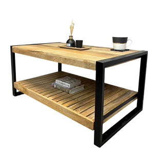 Table basse industrielle en bois de manguier massif et métal avec pieds en fer noir thermolaqué, élégante et pliable pour salon - Product Image 4