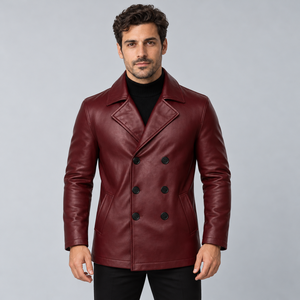 <b>Men's</b> Premium Wine Red <b>Leather</b> Double Breasted <b>Blazer</b> Classic Notch Lapel Short Coat Business Casual Winter Outerwear OEM Whole - Product Image 3