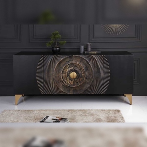 Aparador Moderno Vandana Heritage Essence GOLDEN SUNSET de 180 cm, Negro, Tallados 3D, Madera de Mango Dorada, Patas de Metal para Sala de Estar/Hogar - Product Image 3
