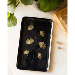 Plateau de service rectangulaire en émail noir de luxe, motif feuille de Ginkgo dorée, plateau décoratif en métal pour bijoux, décoration de maison, hôtel, centre de table - Product Image 1