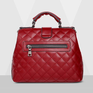 Red <b>Quilted</b> Genuine Leather Satchel With <b>Single</b> Strap And Flap Closure For Women Daily Use doctor handbag business doctor - Product Image 3