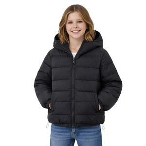 Manteau matelassé noir à capuche pour filles, veste d'hiver isolée avec doublure douce, vêtement d'extérieur thermique léger - Product Image 1