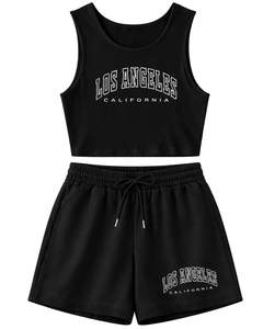 Ensemble décontracté deux pièces pour femme : débardeur court graphique et short à cordon de serrage, imprimé Los Angeles noir, vente en gros personnalisée - Product Image 1