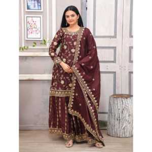 Mono de Fiesta Color Café con Bordado de Lentejuelas de Diseñador de Moda Feni, Elegante Traje Sharara Talla S para Ocasiones Especiales - Product Image 2