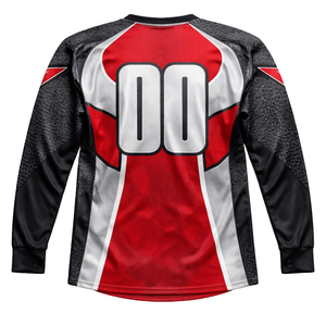 Camiseta de Paintball Estilo Racing, Roja y Negra con Patrón Hexagonal, Sublimada, para Hockey sobre Césped, Transpirable, con Malla y Puños Cortos con Orificios para el Pulgar - Product Image 3