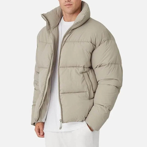 Men's Beige Puffer <b>Jacket</b> Windproof Winter Coat Casual Stand Collar <b>Zipper</b> Closure Polyester Wadding Thick Outerwear - Product Image 3