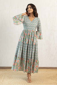 Robe longue à imprimé floral, col en V, coupe trapèze, manches lanternes, style bohème, tissu tissé respirant, robe décontractée de printemps pour femme - Product Image 5