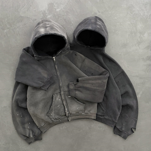 Sudaderas con Capucha para Hombre, Estilo Oversize, Color Gris Liso, Tejido Grueso, Unisex, con Efecto Desgastado y Lavado Ácido, Personalizables al por Mayor para Fabricantes - Product Image 1