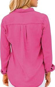 Camisas de mezclilla para mujer al por mayor, color rosa, elásticas, con bolsillos en el pecho, estilo vintage, lavado ácido, moda urbana - Product Image 5