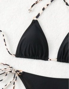 Ensemble bikini deux pièces noir pour femme, haut dos nu et bas string, en Spandex et Nylon, maillot de bain couleur unie, style sexy, soutien-gorge triangle amovible - Product Image 2