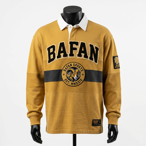 Mens rugby high quality cotton blend fleece fabric mustard color chest panel embroidery logo custom Men's Rugby Polo <b>Shirts</b> - Product Image 3