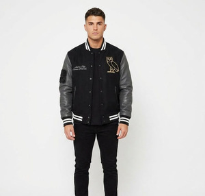Blouson universitaire noir pour homme avec broderie hibou, manches en PU, manteau décontracté d'automne, col rabattu, simple boutonnage - Product Image 3