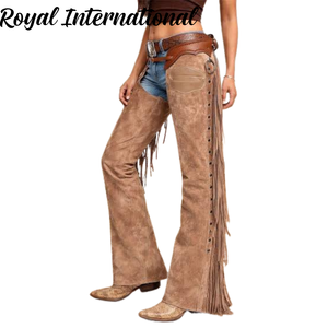 กางเกงขี่ม้าหนังแท้แบบตะวันตก รุ่นพรีเมียม ROYAL INTERNATIONAL RI-C-11 สำหรับผู้หญิง ตกแต่งด้วยพู่ห้อยสไตล์คาวบอย โรดีโอ หนังกลับ เหมาะสำหรับขี่มอเตอร์ไซค์ - Product Image 1