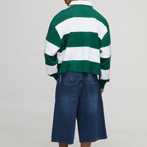Polo à manches longues rayé pour homme, coupe ample, en coton tricoté, décontracté, design color block vert et blanc, style rugby, vente en gros - Product Image 2