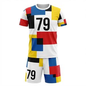 Uniforme de Fútbol Geométrico Personalizado Estilo Mondrian, Conjunto de Camiseta y Pantalones Cortos de Fútbol Sublimados, 100% Poliéster de Secado Rápido, Venta al Por Mayor - Product Image 1