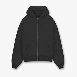 Nouveau sweat à capuche noir zippé de qualité supérieure, 100 % coton molletonné, coupe oversize décontractée, idéal pour l'automne, couleur unie, épaules tombantes - Product Image 5