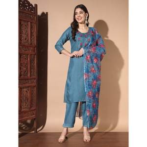 Dupatta สีน้ำเงินพิมพ์ลายดิจิทัลด้านบนสำหรับงานปักลำดับบนพื้นผ้าออร์แกนซ่าดีไซน์เนอร์ - Product Image 1