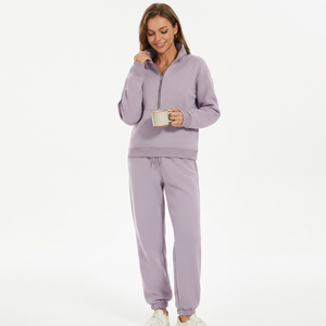 Conjunto Deportivo de Mujer Color Lavanda con Cierre de Media Cremallera, Sudadera de Manga Larga y Pantalones con Bolsillos Laterales para Otoño - Product Image 5