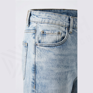 Jean en denim délavé coupe droite pour homme, coupe slim, taille mi-haute, en coton, décontracté, bleu clair, style printemps - Product Image 5