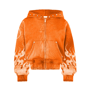 Sudadera con capucha y cremallera de pana naranja con estampado de llamas, corte oversize y estilo crop, chaqueta de streetwear hip hop para hombre - Product Image 1
