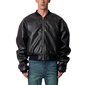 Blouson Bomber Homme Noir en Cuir Véritable Surdimensionné, Épaules Tombantes, Col, Poignets et Ourlet Côtelés, Fermeture Éclair Avant, Vêtement d'Extérieur Tendance Premium OEM - Product Image 1