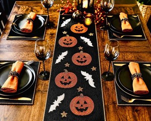 Halloween Fabric Table <b>Runner</b> Rectangle <b>Black</b> With Pumpkins Bats And Stars Handmade Novelty Design Mats Pads - Product Image 2