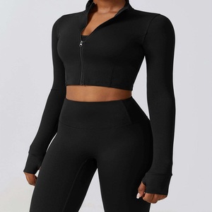 Custom Logo Women Sports Bra Long Sleeve Crop Tops Zip-up Yoga <b>Jackets</b> High Elastic Waist <b>Workout</b> Leggings Gym Fitness 4pcs Sets - Product Image 3