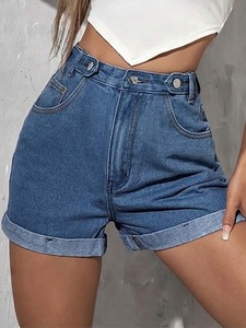 Women's <b>High</b> <b>Waist</b> Denim <b>Shorts</b> With Five Pockets Button Fly Stonewashed Light Blue Casual Style - Product Image 6