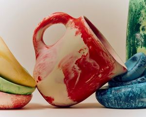 Modern <b>Ceramic</b> Water Jug With Handle Red White Marbled Design For Beverage Serving Available at Worldwide Supply - Product Image 2