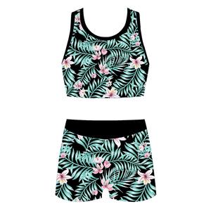 Women's Floral Print <b>Tankini</b> Set Scoop Neck Crop Top With Shorts Spandex Polyester Stretch Swimwear - Product Image 1