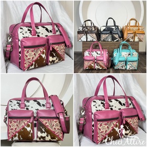 Bolsos de Almacenamiento de Cuero Vacuno con Múltiples Bolsillos, Elegantes Bolsos de Pañales de Cuero con Diseño Floral y Correa para el Hombro - Product Image 1