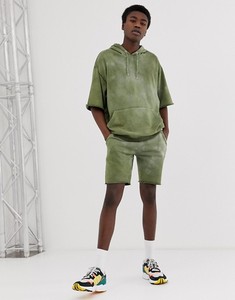 Ensemble short et sweat à capuche décontracté pour homme, vert délavé, coupe ample en coton, survêtement d'été avec poches latérales et taille élastique - Product Image 1